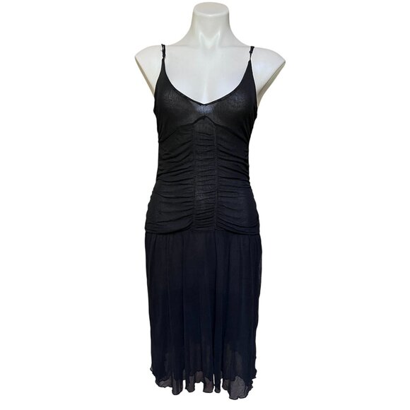 Black Ruched Sheer Mesh Tulle Corset Midi Dress w Drop Waist & Sweetheart Neck - Picture 1 of 7